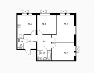 Трёхкомнатная квартира 72.5 м²